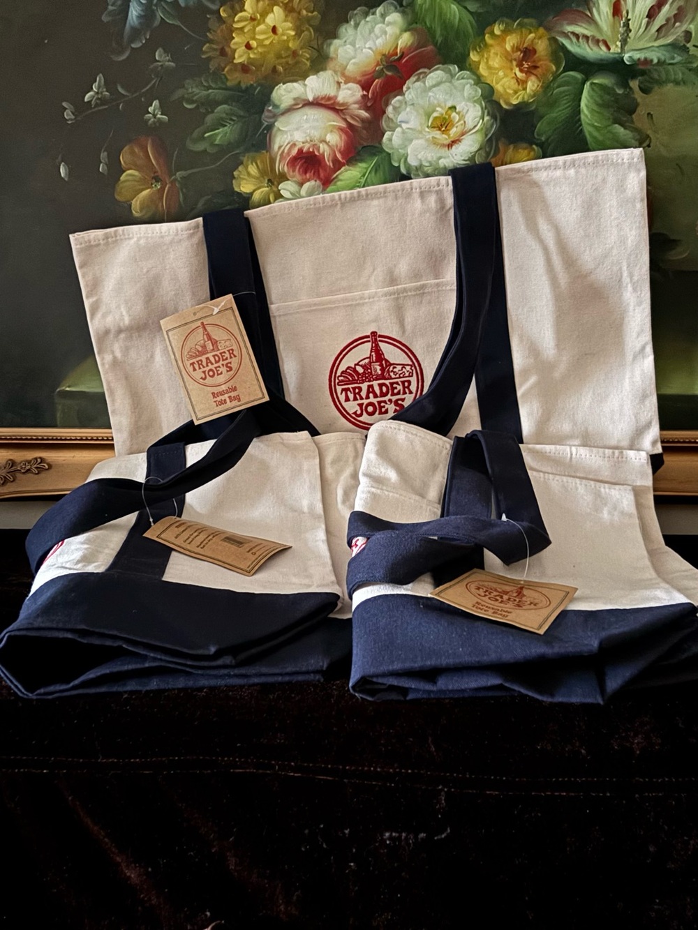 NWT 3 Trader Joe’s large Reusable Canvas Cotton Tote bag navy